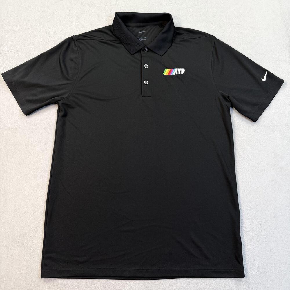 Nike Polo Shirt Mens Medium Black Solid ATP Tennis Logo Performance Top